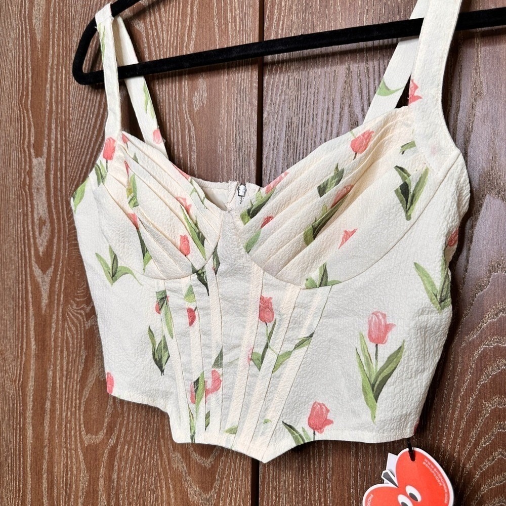 Cider Floral Tulip Print Corset Bustier Top Cream Pink Med NWT Whimsy Bohemian - Picture 2 of 5